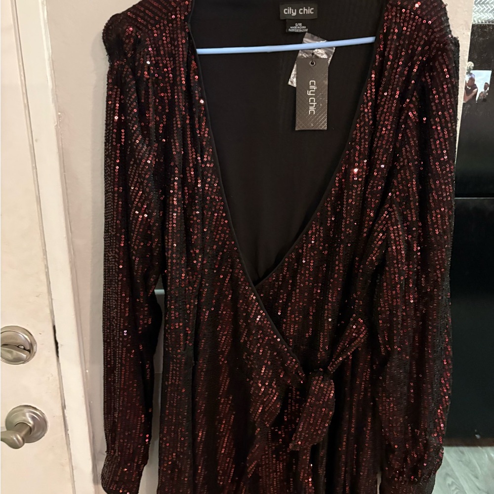 City Chic Black Dress with Red Sequin Detail - Long Sleeve
